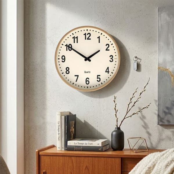 Tyst Väggklocka 30 cm Träeffekt Stora Siffror Lättläst Nedis Beige