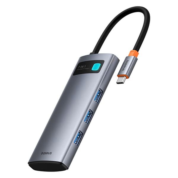 7-i-1 adapterhub i glänsande metall USB-C HDMI USB-A USB-C PD SD microSD - grå