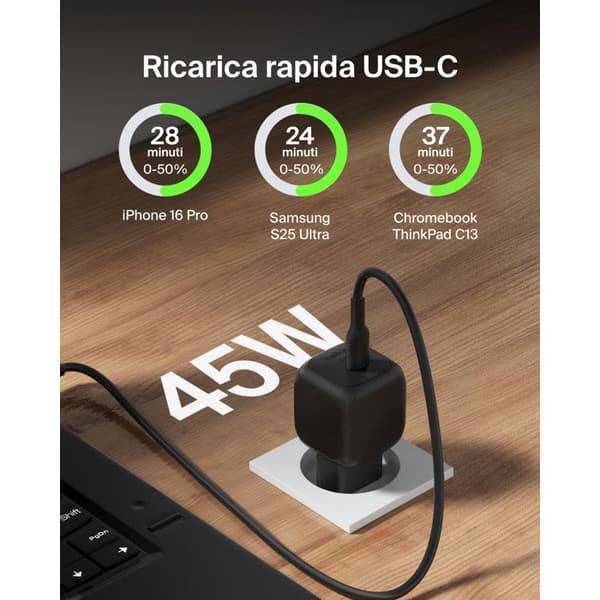 Belkin Vægoplader Kompakt 45W Hurtig Opladning til iPhone Galaxy Pixel Sort