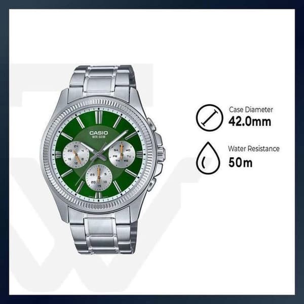 Ur - Casio - Grøn baggrund - Rustfrit stål - Vandtæt 50 m - Kvarts