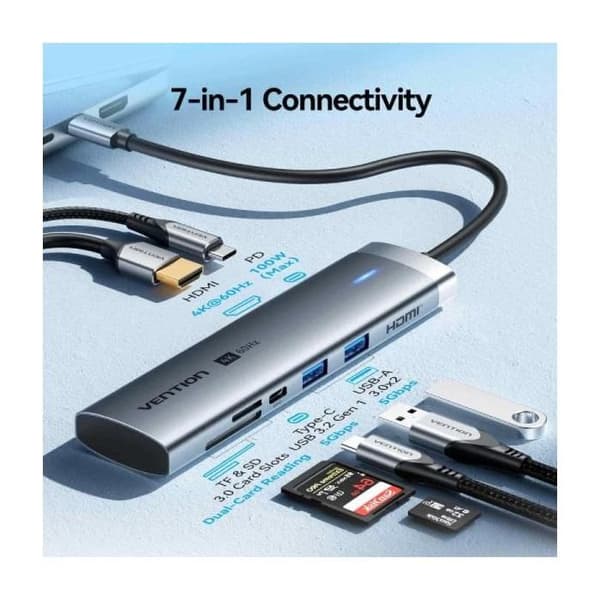 Dockningsstation USB Typ-C Vention TPSHB- 1xHDMI 4K- 2xUSB- 2xUSB Typ-C- 1xRJ45- 1xUSB Typ-C PD- 1xKortläsare- Grå