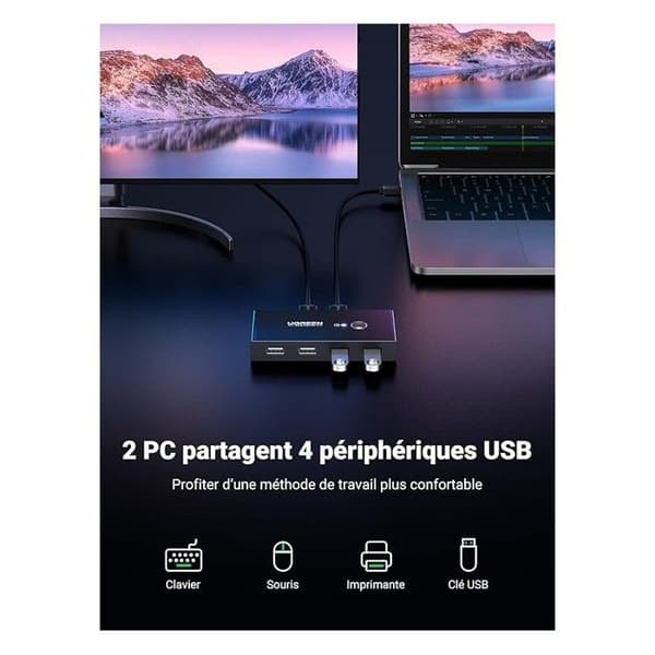 USB 2.0 Switch - Ugreen - KVM 4 portar - 5Gbps - Kompatibel med Windows/Linux/MacOS - LED-indikator