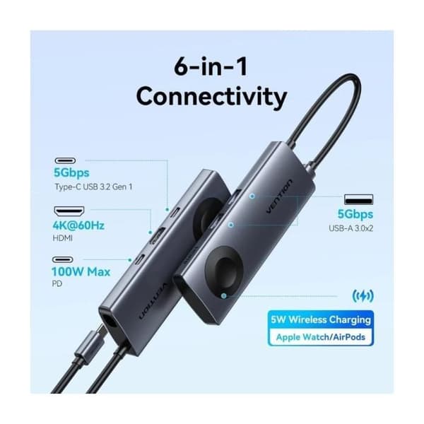 Docking USB Type-C med Trådløs Opladning Vention TPMHB- 1xHDMI 4K- 2xUSB- 1xUSB Type-C- 1xUSB Type-C PD- Grå