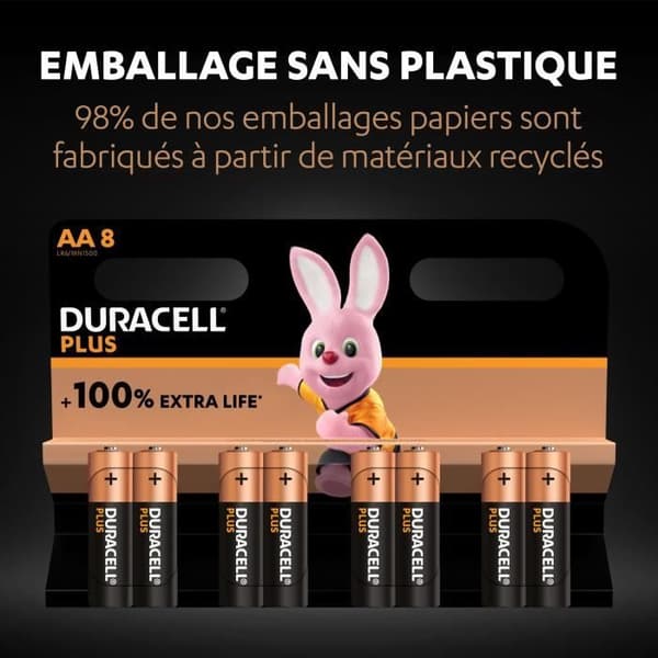Duracell-batterier Pack med 8 alkaliske AA Duracell Plus, 1,5V LR06
