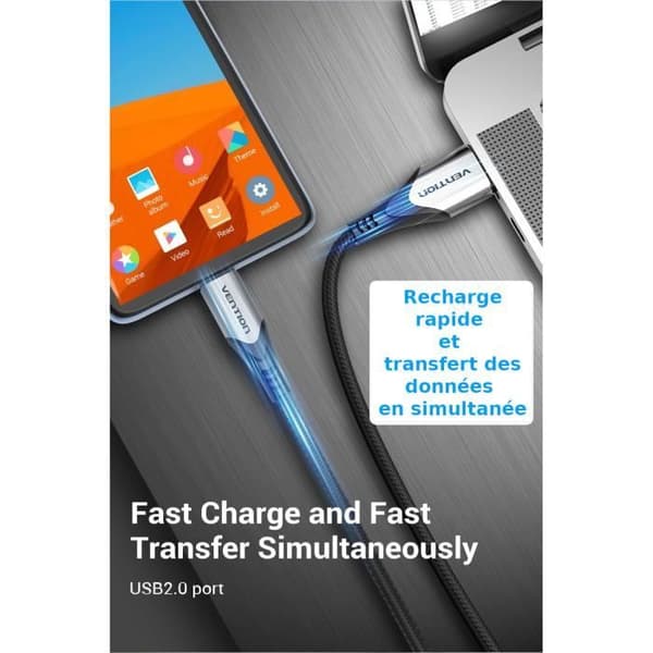 USB/Micro USB-kabel - Vention - 1m - Snabbladdning - Dataöverföring - Svart/Grå