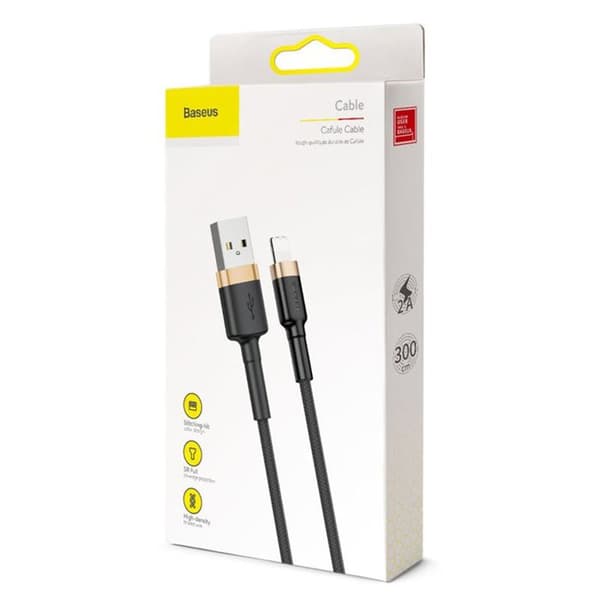 Hurtig opladningskabel - BASEUS - 3M - USB 2A - Kompatibel med iPhone - Farve sort og guld