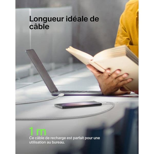 Flettet kabel - BELKIN - USB-C til USB-A - 1 m - Hvid