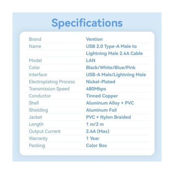 USB 2.0 Lightning-kabel - VENTION - LANSF - 480 Mbps - 1 m - Blå