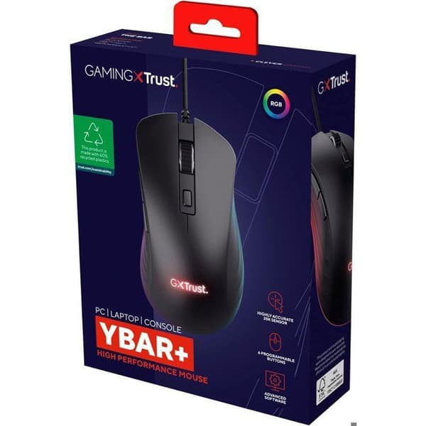 Trust Gaming GXT 924 Ybar+ Gamer, 25600 PPP, 60% Genanvendte Materialer, 25K Optisk Sensor, RGB, 6 Programmerbare Knapper, USB Kablet - Sort