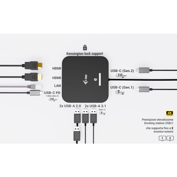 I-Tec Docking Station USB-C Dual HDMI 4K 100W med Universal Oplader