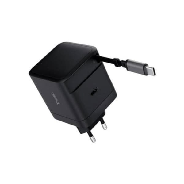 Trust Maxo USB-C 65W Oplader med Sort Retraktabel Kabel Hurtigopladning