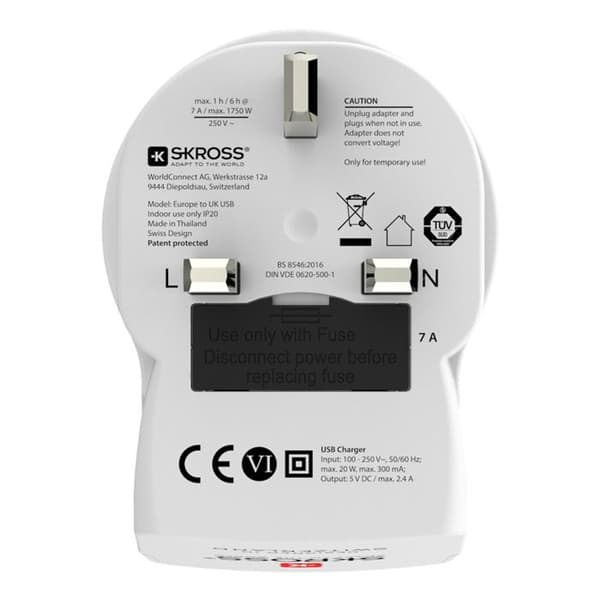 Rejseadapter Europa til UK + USB A + CPD 20W