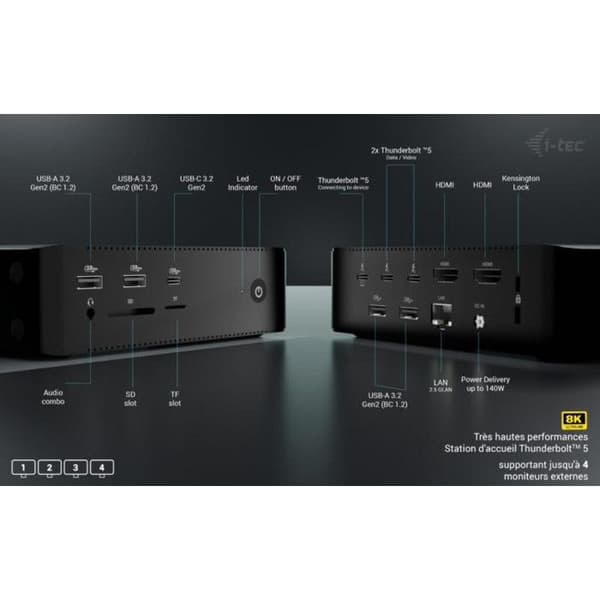 i-tec Docking Station Thunderbolt 5 Quattro Display 8K 140W Sort - 5 USB 2.5 GLAN