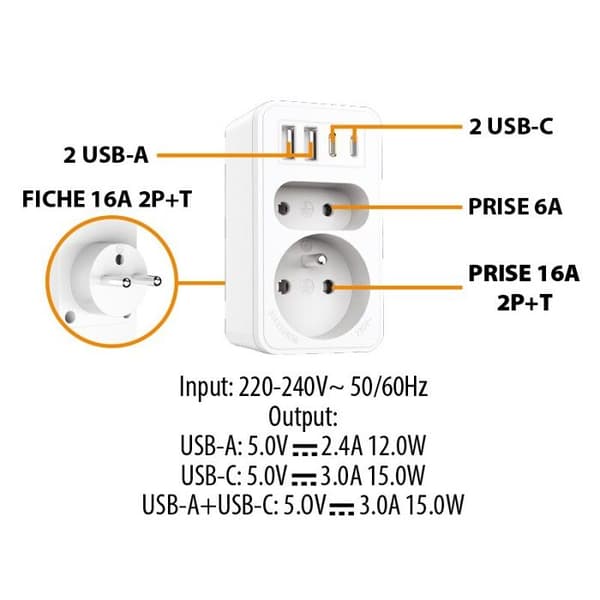 Stikdåse - VELAMP - Biplite - 2 stik 16A + 6A - 2 USB-A - 2 USB-C