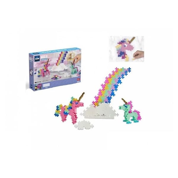 Opdagelsessæt 275 dele Mini tema enhjørninger + 1 byggebase + hæfte - Plus Plus