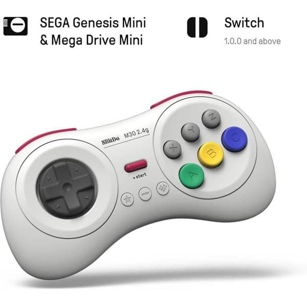 8bitdo Trådløs controller med 8 knapper, hvid farve, kompatibel med Switch, Sega Genesis mini & Mega Drive mini