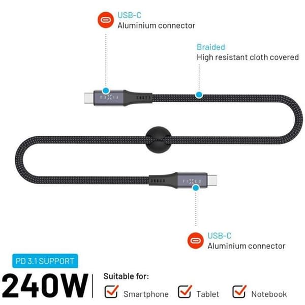 Multimedia USB-C-kabel - FIXED - 2m - 20Gbps - 240W - 4K@60Hz