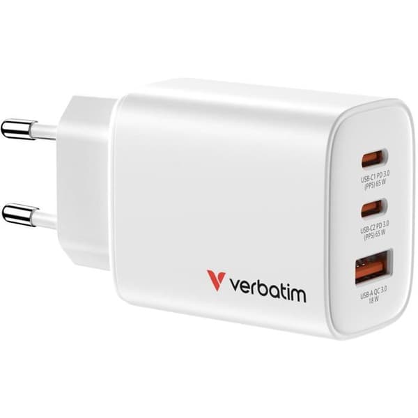 Verbatim Essentials GaN-laddare 65W 2xUSB-C/1xUSB-A vit 32353