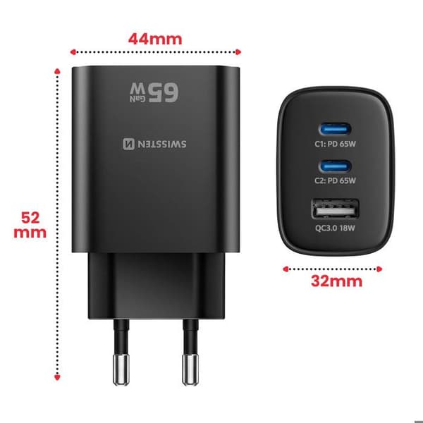 Lader 2 USB-C 65W Power Delivery og USB-A Quick Charge 3.0 18W Swissten Sort