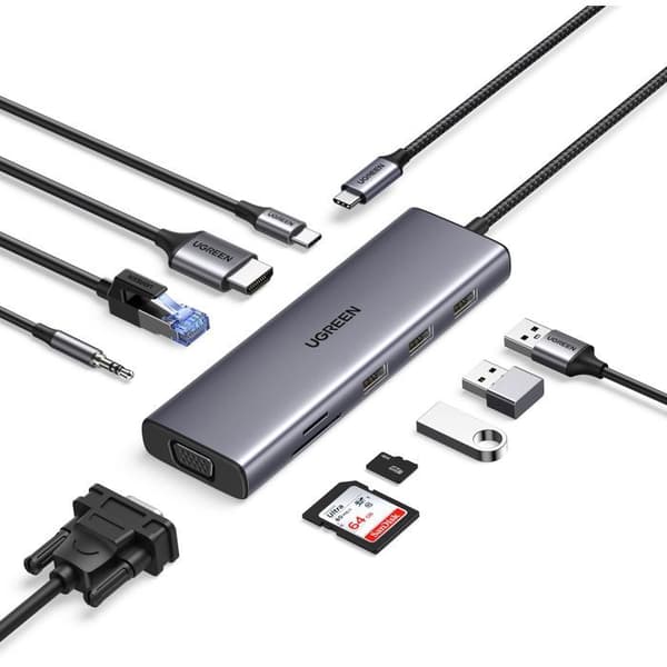 USB-C hub 9 i 1 - UGREEN - HDMI, VGA, RJ45, SD, TF, USB-C - Sort