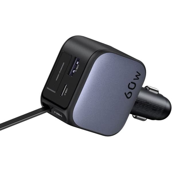 Bil laddare - UGREEN - 60W - USB-A + USB-C - Nedfällbar version - Svart