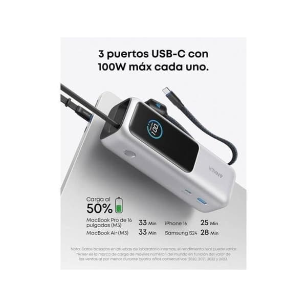 Extern batteri - ANKER - A1695H41 - 165W - Fällbar USB-C-kabel - Silver