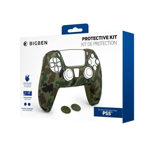 Siliconhud til Sony Dualsense-controller og et par grips til joystick til PS5. Farve: Camo