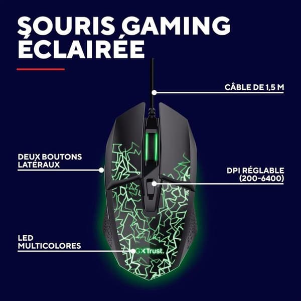 Trådad gamingmus - TRUST - 6 programmerbara knappar - Multicolor LED-belysning - Känslighet 200-6400 DPI