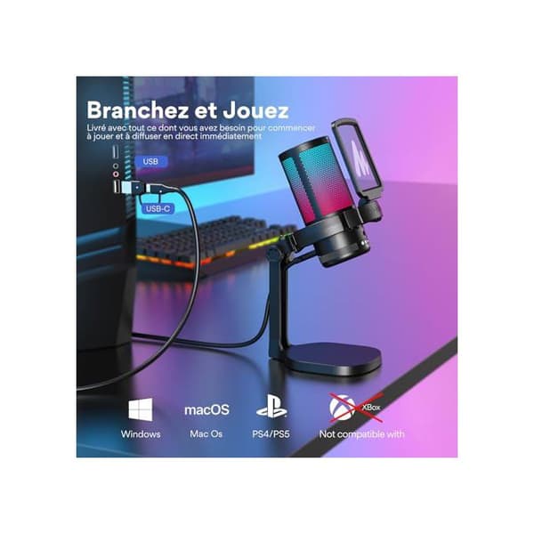 Mikrofon USB - MAONO - DGM20 - Kardiode - RGB kontrollerbar - Plug & Play PS5/PS4/Mac