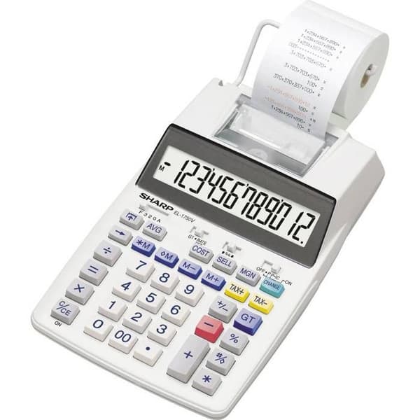 Sharp EL-1750V lommeregner med 12-cifret LCD-printer, batteri, vekselstrømsadapter