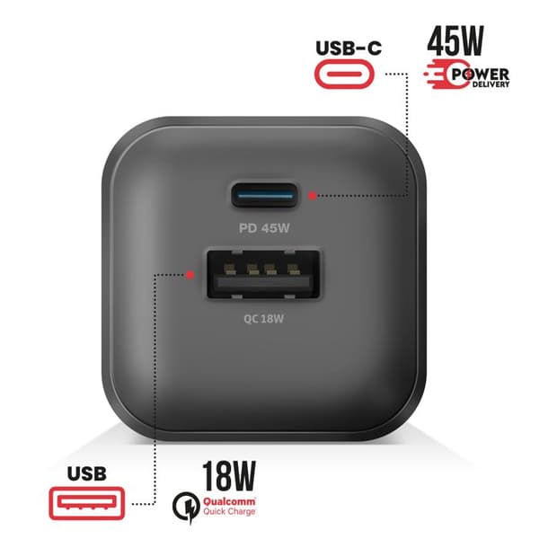 USB-C 45W / USB-A 18W GaN PD / QC Swissten Sort Strømforsyning