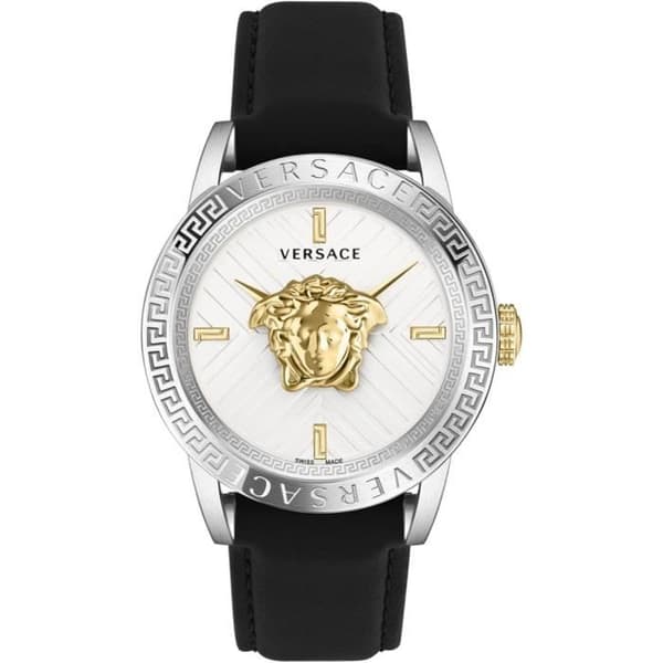 Quartz Ur til Mænd - Versace V-Code VESN00222 - Rustfrit Stål - Sølv Urskive - Sort Læderrem
