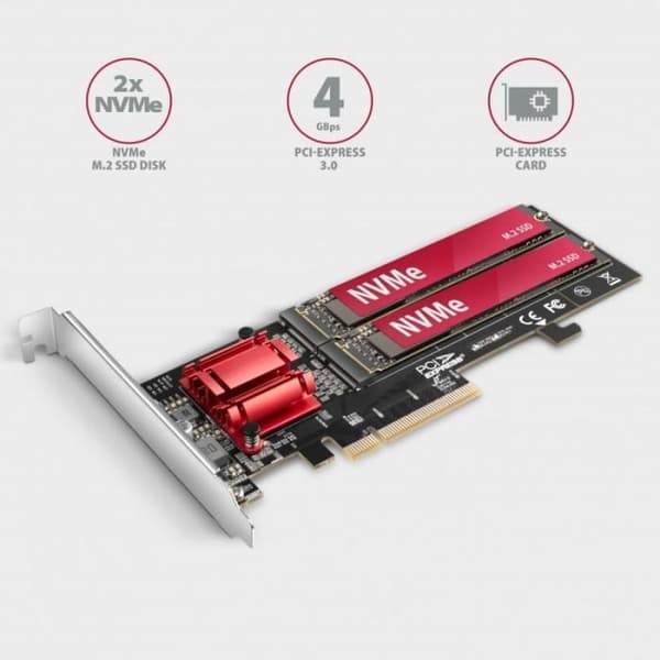 PCIe-adapter - AXAGON - PCEM2-ND - Stöder två M.2 SSD:er - Vit färg - Trådbunden
