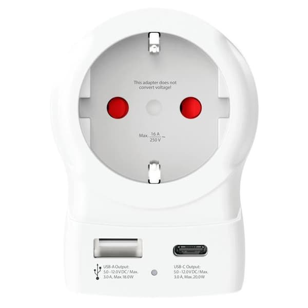 Rejseadapter Europa til UK + USB A + CPD 20W