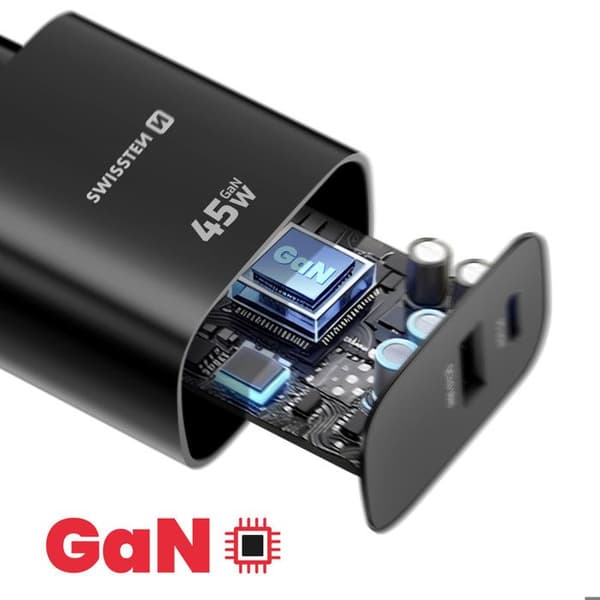 USB-C oplader 45W Power Delivery og USB-A Quick Charge 3.0 18W Swissten Sort