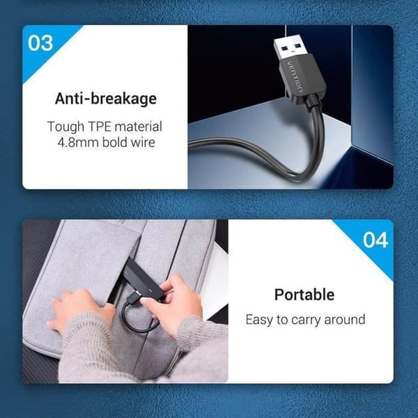 Vention 4-i-1 USB 3.0 til 3x USB 3.0 / Gigabit Ethernet-adapter 0.15M Sort