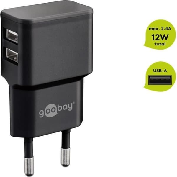 USB-lader - Goobay - Dobbelt 12W - Sort - 2 porte - Kompakt