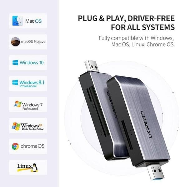 USB 3.0 Kortläsare - UGREEN - SD Micro SD TF MS CF Adapter - Aluminium - Grå