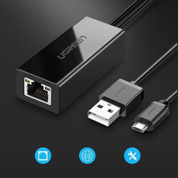 Netværksadapter - UGREEN - USB-Micro-B til RJ45 - 1 m - Sort - Stabil forbindelse