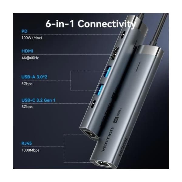 Docknings USB Typ-C Vention TGNHB- 1xUSB 3.2 Typ-C- 2xUSB- 1xHDMI- 1xRJ45- 1xUSB Typ-C PD