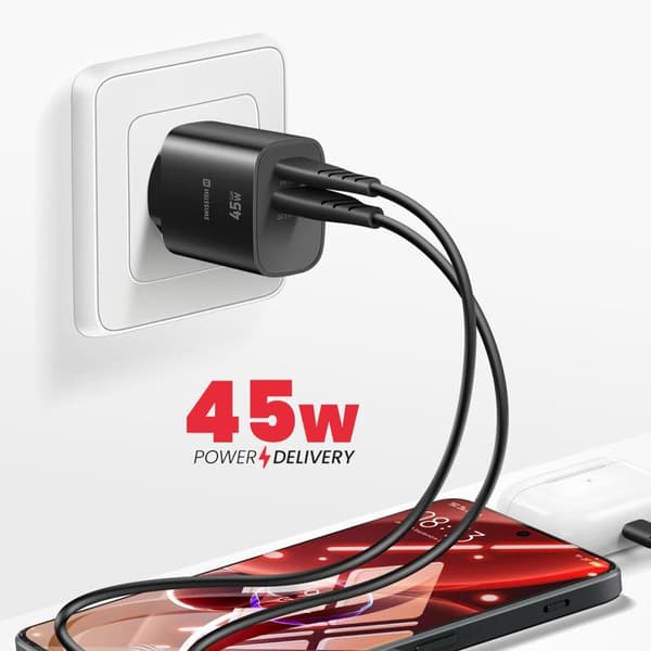 USB-C oplader 45W Power Delivery og USB-A Quick Charge 3.0 18W Swissten Sort