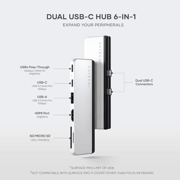 USB-C-hubb - Satechi - Surface Pro 9 - 6 portar - HDMI - Elegant design