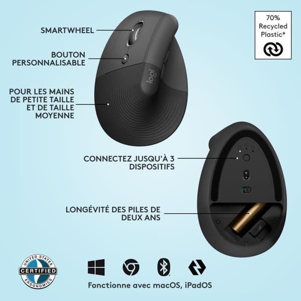 Mus - Trådlös - Logitech - Lyft Ergonomisk Vertikal - Grafit - Vänsterhänt