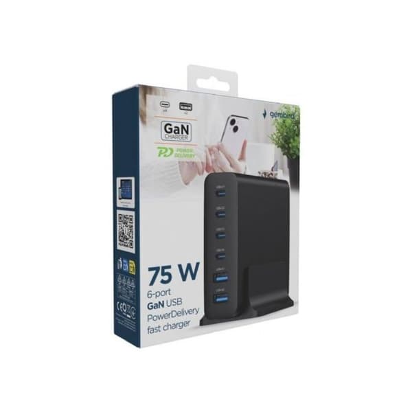 Gembird - TA-UC-2A4C-PD75-01-BK - Universal 75 W GaN oplader 2 x USB-A 4 x USB-C, hurtigoplader, sort
