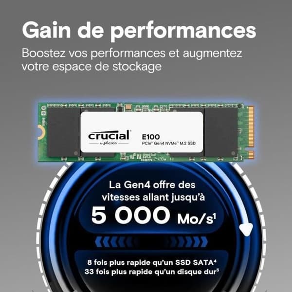 SSD interne - CRUCIAL - E100 - 1 To - PCIe Gen4 NVMe M.2 - Op til 5000 Mo/s