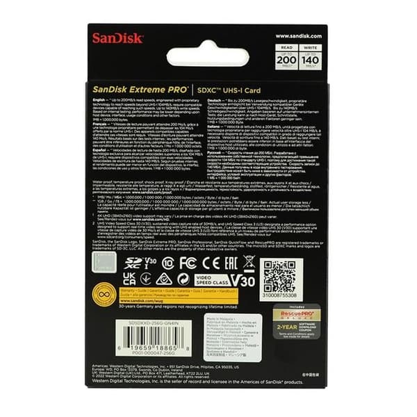 SanDisk Extreme Pro SDXC UHS-I U3 Class10 256 Go