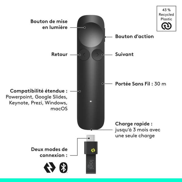 Præsentationsfjernbetjening - Trådløs - Logitech - Spotlight 2 - Bluetooth/USB-C - Grafit