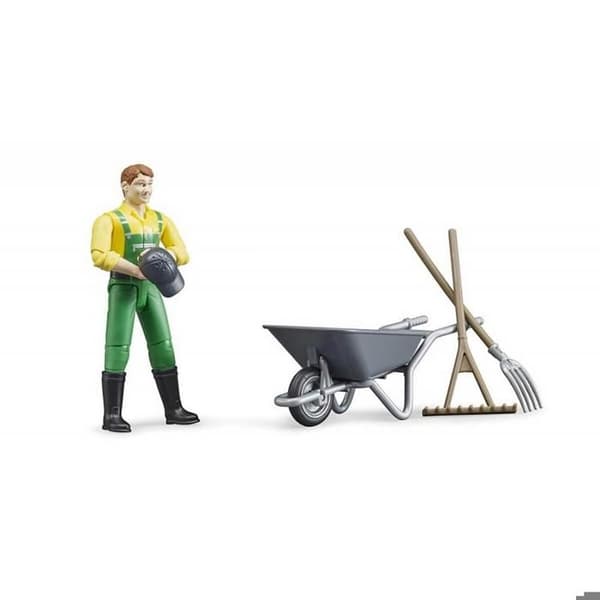 Figurine landmand med skubbehjul og tilbehør