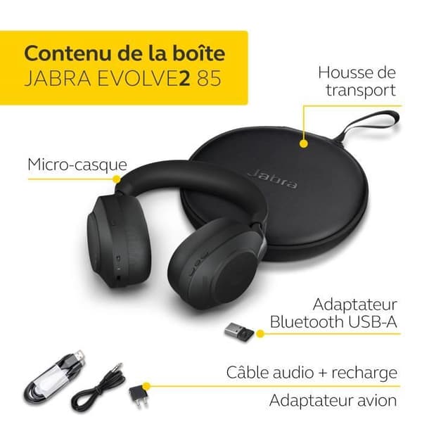 Trådløs headset - JABRA - Evolve2 85 - Stereo - USB-A - Aktiv støjannullering