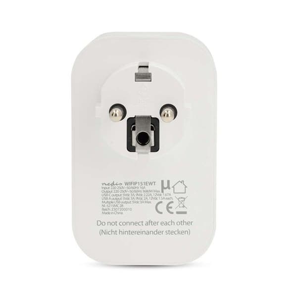 Ansluten kontakt - NEDIS - Typ E - 3680W - 2 USB-A-portar - USB-C PD - Timer